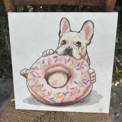 Oliver Gal Frenchie with A Donut Canvas Print 14”x 14”
