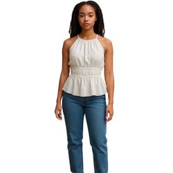 Sienna Sky White Sleevless Peplum Linen Blouse Tie Strap Gathered Waist Boho L