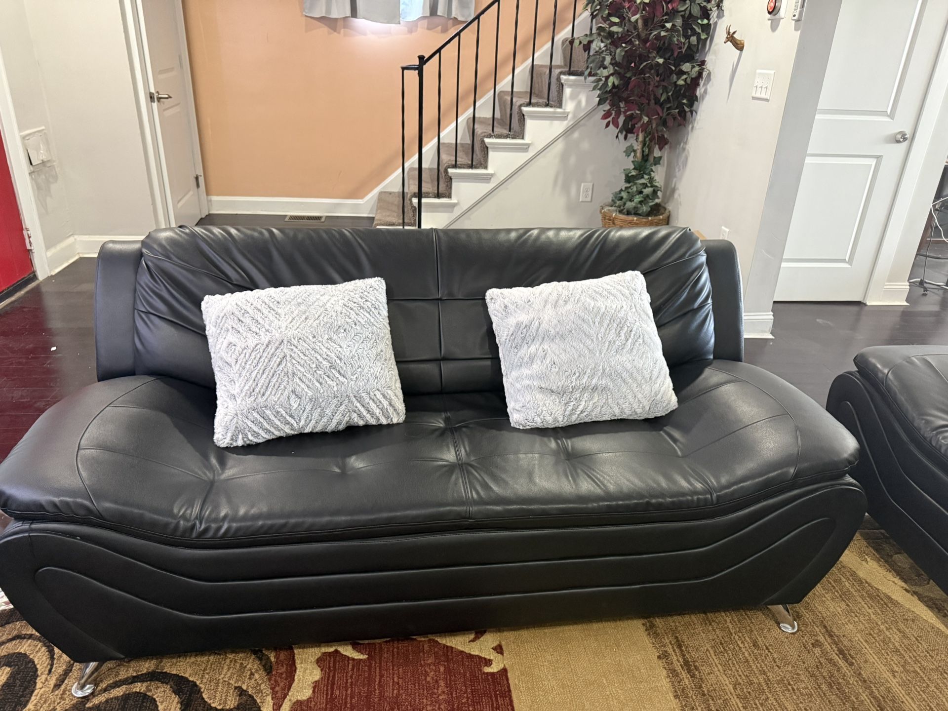 Modern Black Faux-Leather Sofa & Loveseat Set