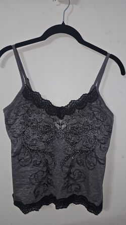Grey Lace Tank Top cami With Rhinestones Size Medium