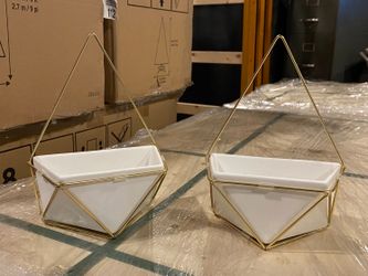 Geometric Modern Gold & White Ceramic Wall Hanging Pots (Set of 2)