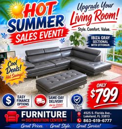 Limited time sale. Ibiza gray sectional with ottoman only $799. Easy finance option. Same-day delivery.