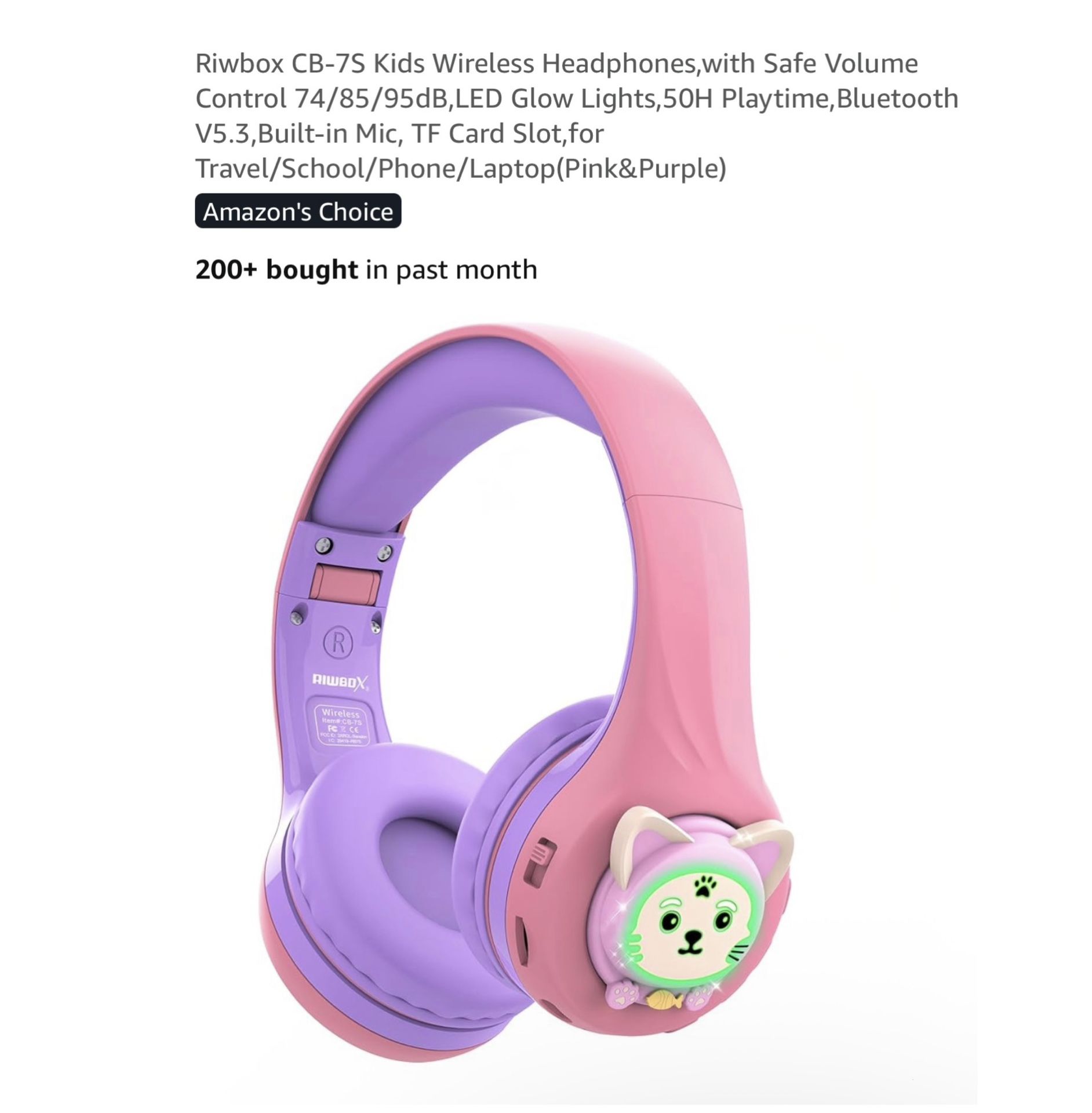 Brand new CB-7S Kids Wireless Headphones,with Safe Volume Control 74/85/95dB,LED Glow Lights,50H Playtime,Bluetooth V5.3,Built-in Mic, TF Card Slot,fo