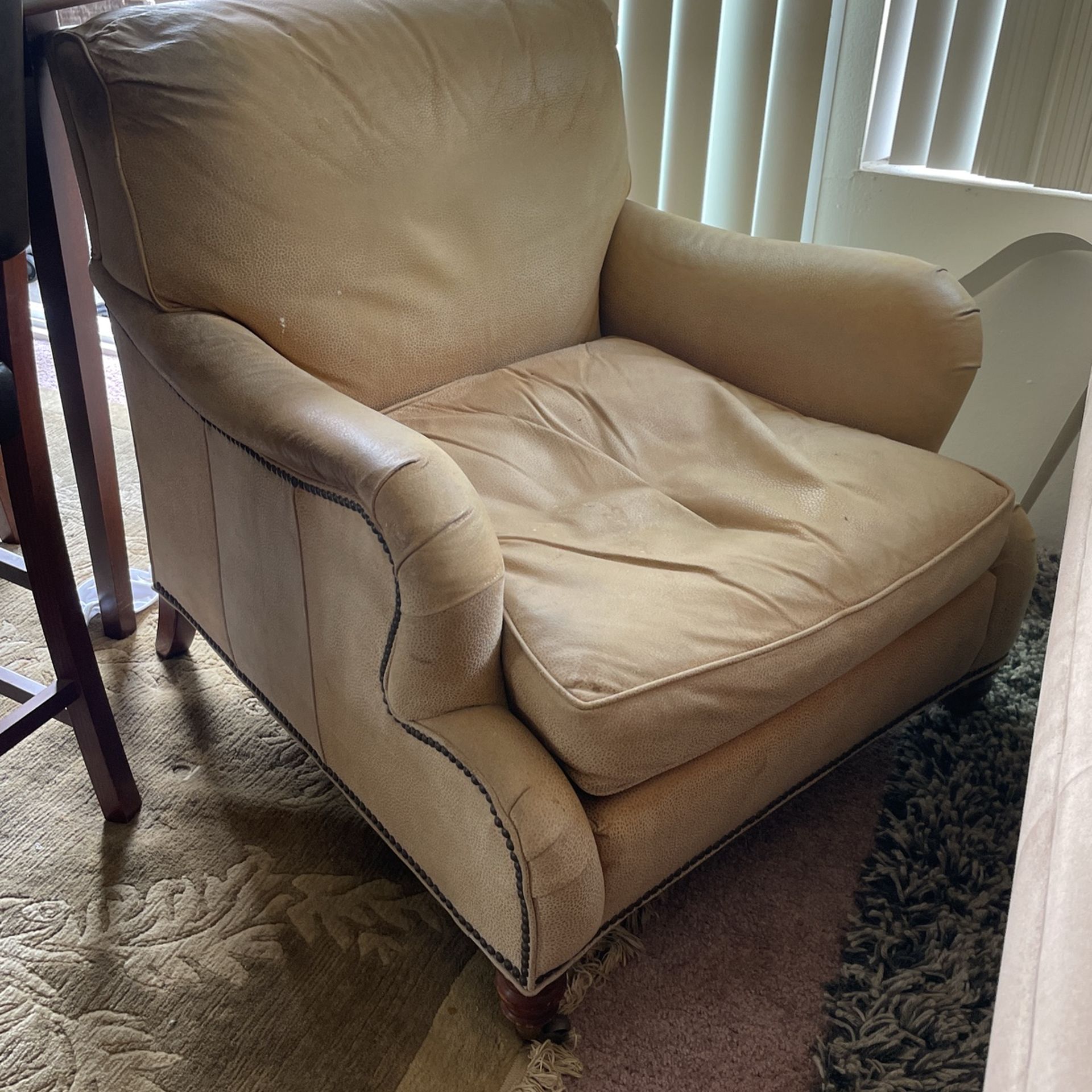Beige Leather Chair And Matching Ottoman