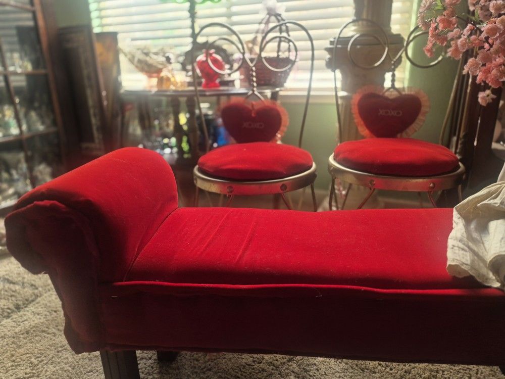antique metal heart parlor chairs (x2) and small chaise lounge