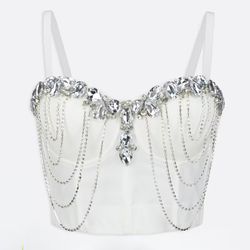 Shiny Rhinestone Chain Beading Lady Corset Sexy Dancer Performance Bustier Girls Tank Top Lady Cropped Top Club Party Bralet
