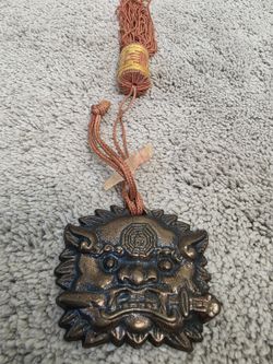 Taiwanese Sword Lion Jian Shi Bagua Feng Shui Metal Hanging Amulet with Tassel
