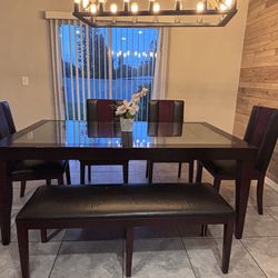 Dining Table Set 7 pieces with extension, bench & upholstered chairs