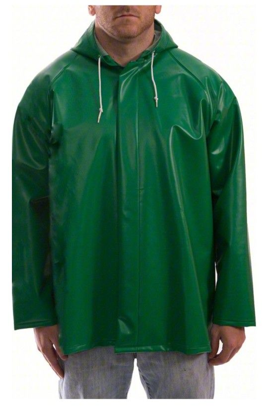 TINGLEY Flame Resistant Rain Jacket: Rain Jacket, L, Green, Snaps with Storm Flap, Attached Hood