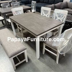 New! 6pcs Dining Set, Table And Chairs, Bench, Dinette Set, Dining Room Set, Table, Chairs, Kitchen Table, Dinette Set, White Wooden Table Dining Set 