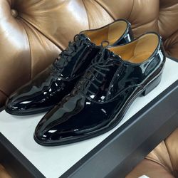 Gucci Worsh Patent Leather Derby Dress Black Made in Italy Shoes Oxfords SZ 6.00