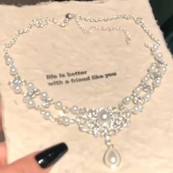Water drop neck cover rhinestone pearl tassel necklace
