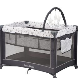 Pamo Babe Portable Playard,Sturdy Play Yard with Padded Mat and Toy bar with Soft Toys (Grey)