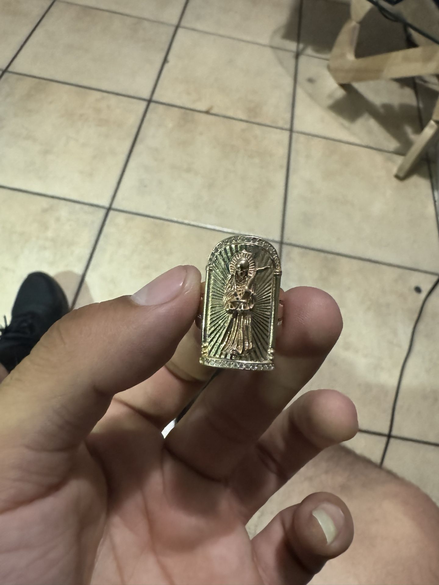 14k Gold Santa Muerte Ring W Stones