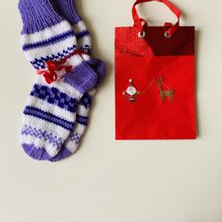 Unique gift. Single copy. For Her: size 8-10, or for Him: size 9-10. Warm and cozy hand knitted socks. 100% acrylic. They come in a special gift bag. 