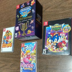 Factory Sealed Switch Games - Princess Peach Showtime, Nintendo World Championships Deluxe Set, Super Mario RPG, Sonic Origins Plus