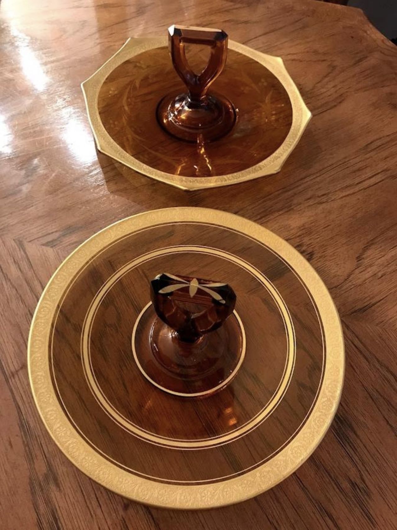 2 Vintage Amber Colored Matching Depression Glass Platters with Handles