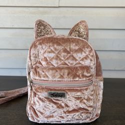 JUSTICE MINI BACKPACK KITTY CAT SHIMMERING GLITTER EARS ROSE VELOUR SUPER CUTE