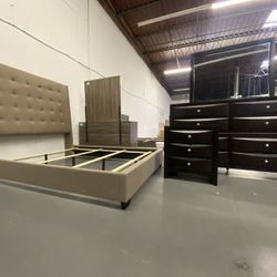 CHOCOLATE CHIP UPHOLSTERED BEDROOM SET WITH OVERSIZED DRESSER & NIGHTSTAND ! $975