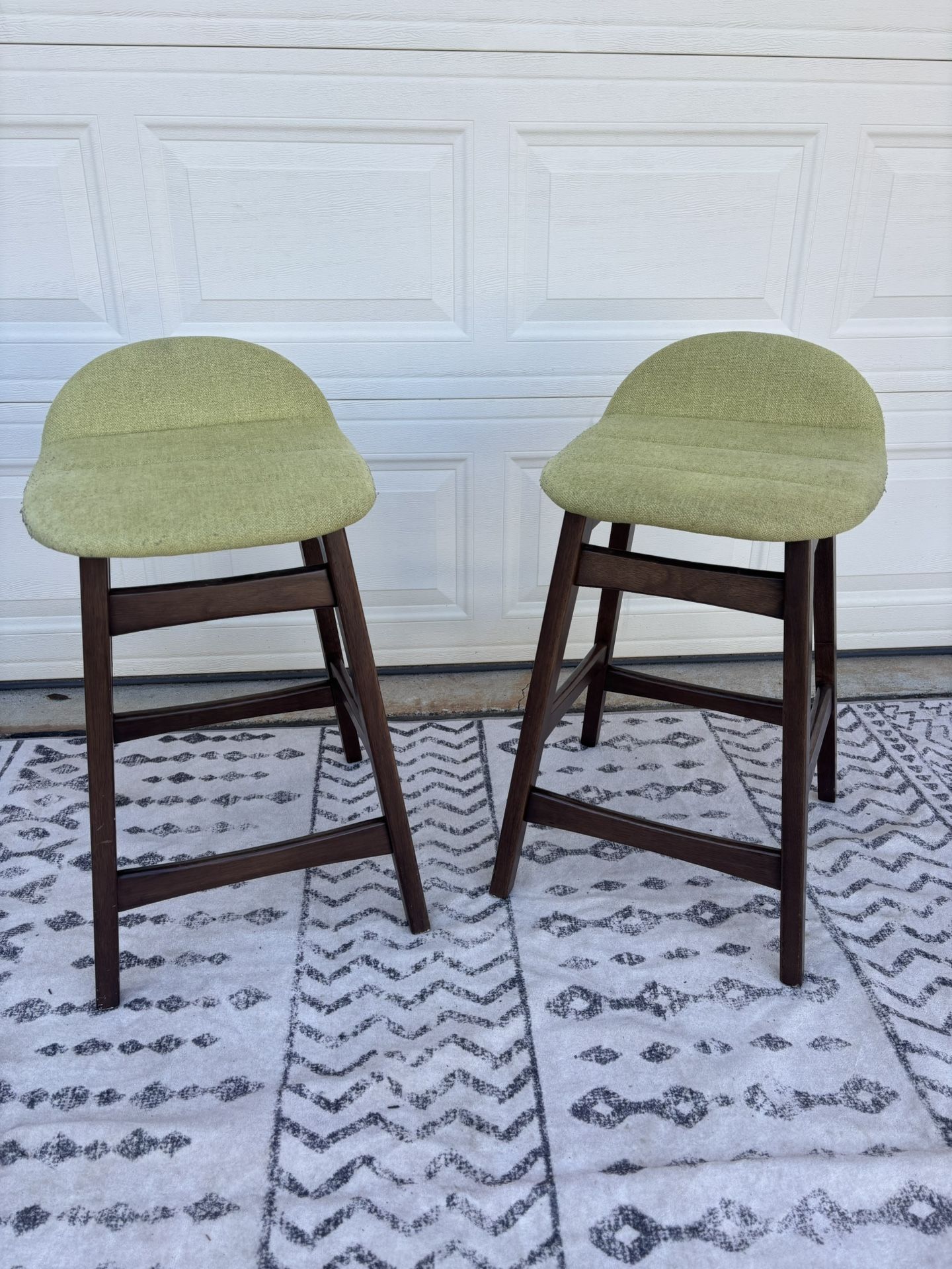 Matching Pair of Wooden Bar Stools – Dark Brown with Light Green Cushions