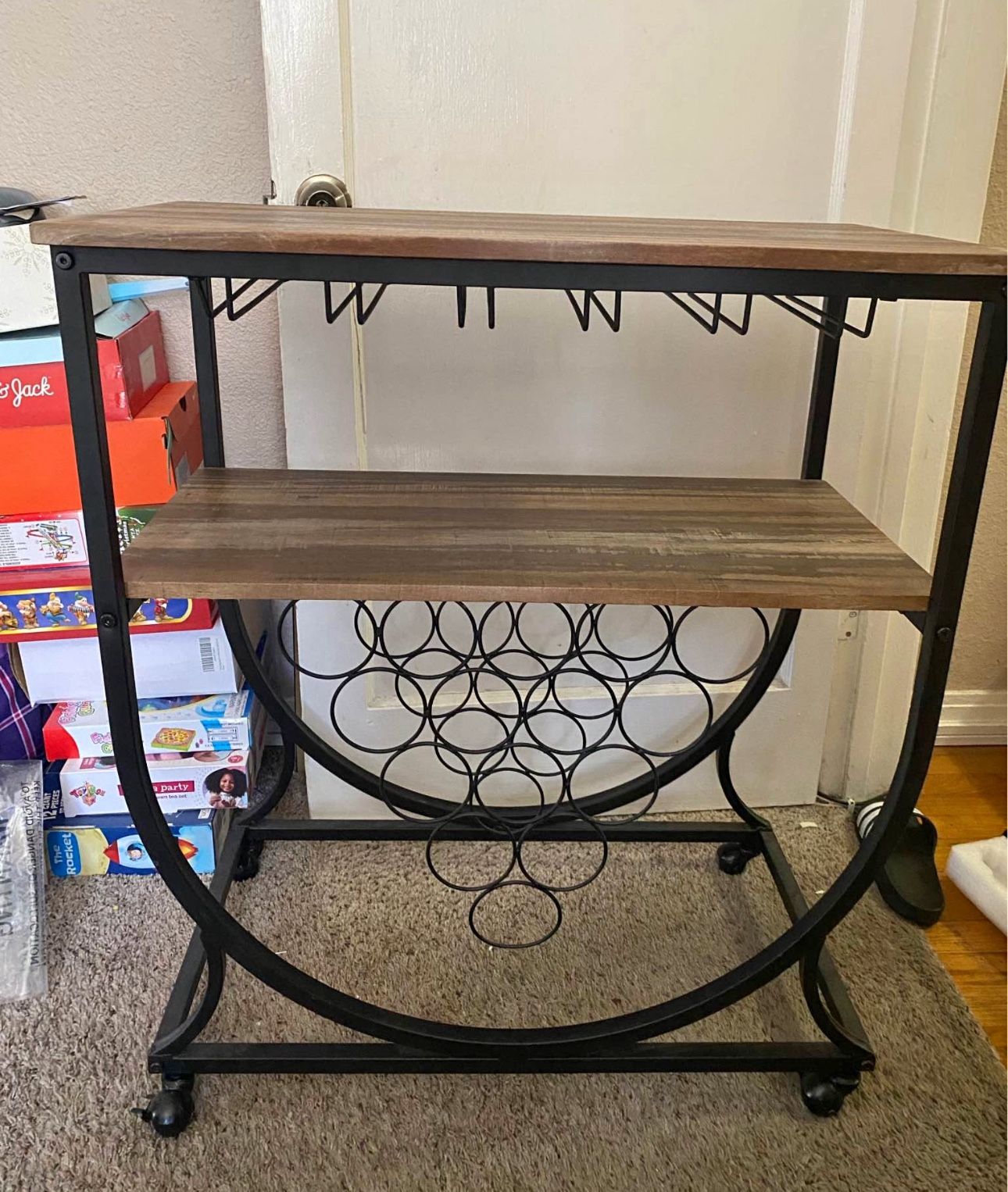 Rustic Industrial Bar Cart with Wine Rack & Glass Holder – Rolling Serving Cart