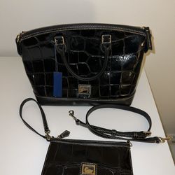 Dooney & Bourke Black Crocodile Leather Domed Satchel With Wristlet 