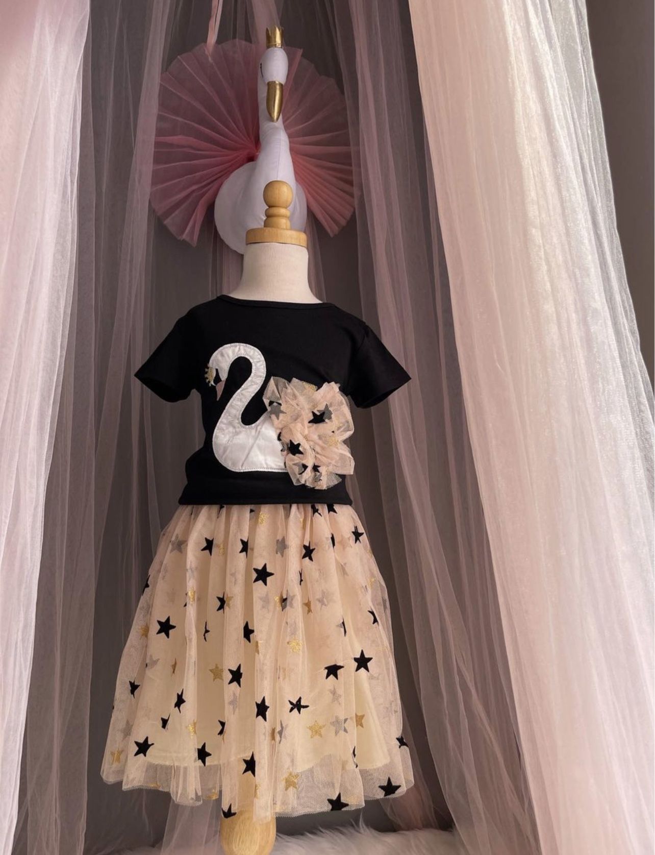 Girls Swan Glitter Stars Princess T-Shirt Tops Tulle Skirt Outfit Size 3T