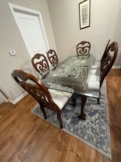 Includes Heavy Glass Dining Table, 6 Chairs & Area Rug