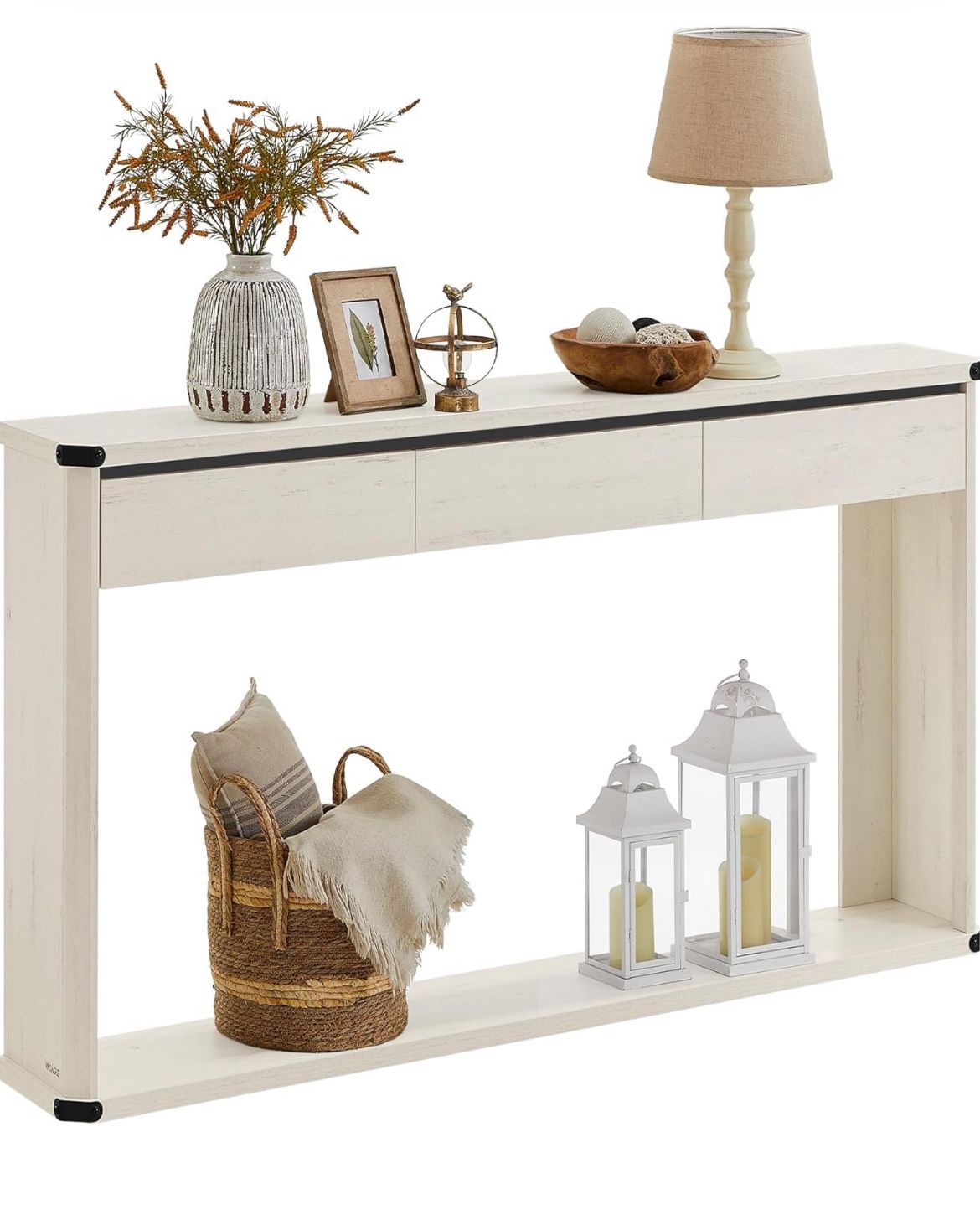 Console Table, 47.2 Inches Sofa Table, Narrow Entryway Table, Entry Table with 3 Drawers, Bottom Shelf, Metal Corners, for Living Room, Bedroom, Farmh