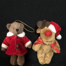 Beautiful Vintage Set Of 2 Jointed Teddy Bear Christmas Plush Animal Ornaments