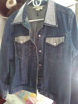 Denim jacket 1x fits also fitted 2x, bling collar, pocket, and buttons