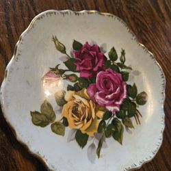 Vintage Hand Painted  Rose 24k Gold Edge Hanging Plate