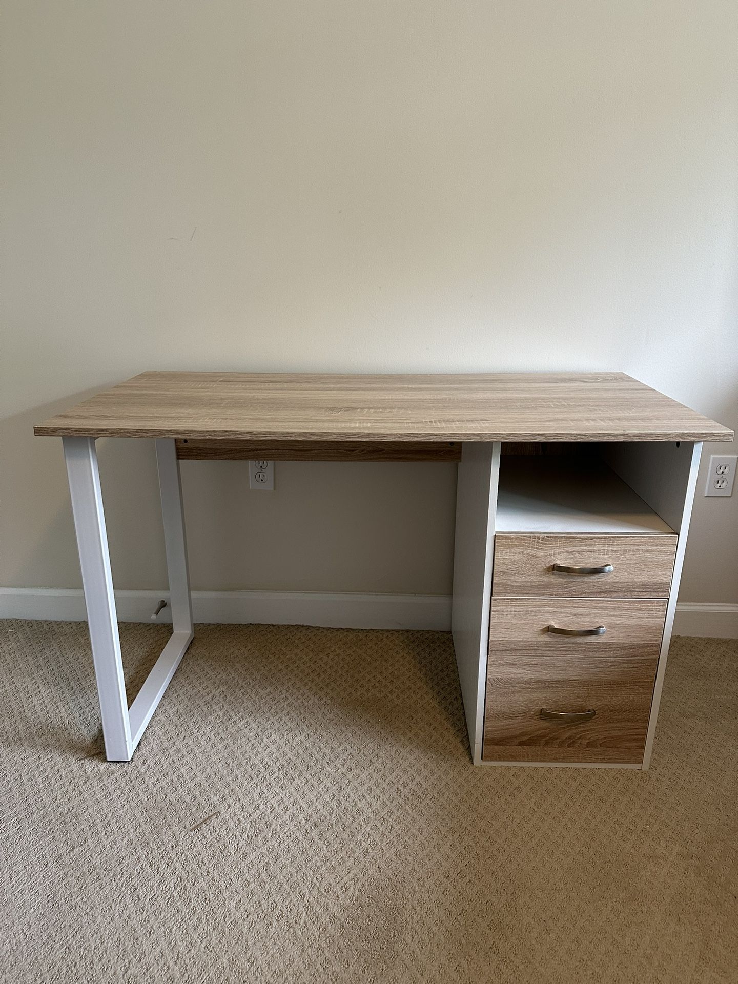 Wood And White Metal Desk, 3 Drawers And Cubby