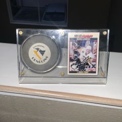 Mario Lemieux Signed Card And Played With Puck