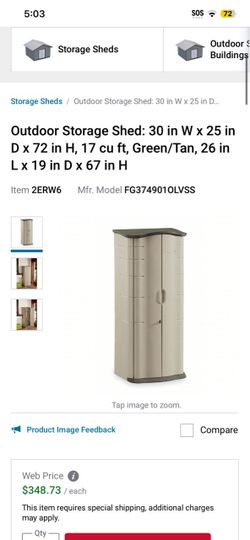 Outdoor Storage Shed: 30 in W x 25 in D x 72 in H, 17 cu ft, Green/Tan, 26 in L x 19 in D x 67 in H