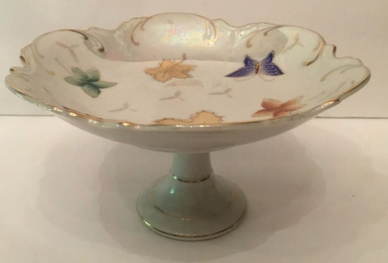 Vintage Lefton 62/28 China Pedestal Plate Pearl Luster Butterfly Leaf Motif 