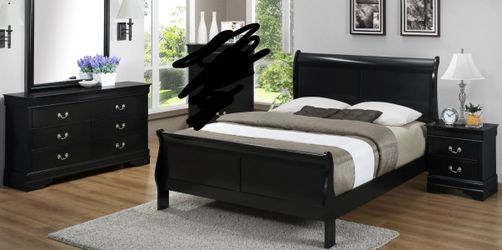 Black wooden bed frame, long dresser with mirror and night stand
