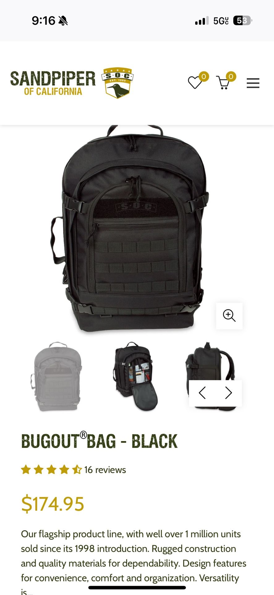 Bugout Bag Backpack Black NEW Sandpiper. California brand