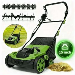 15-inch 2-in-1 Electric Dethatcher and Scarifier with 5-Position Depth Adjustment,12L Collection Bag,Tool-Free Blade Change