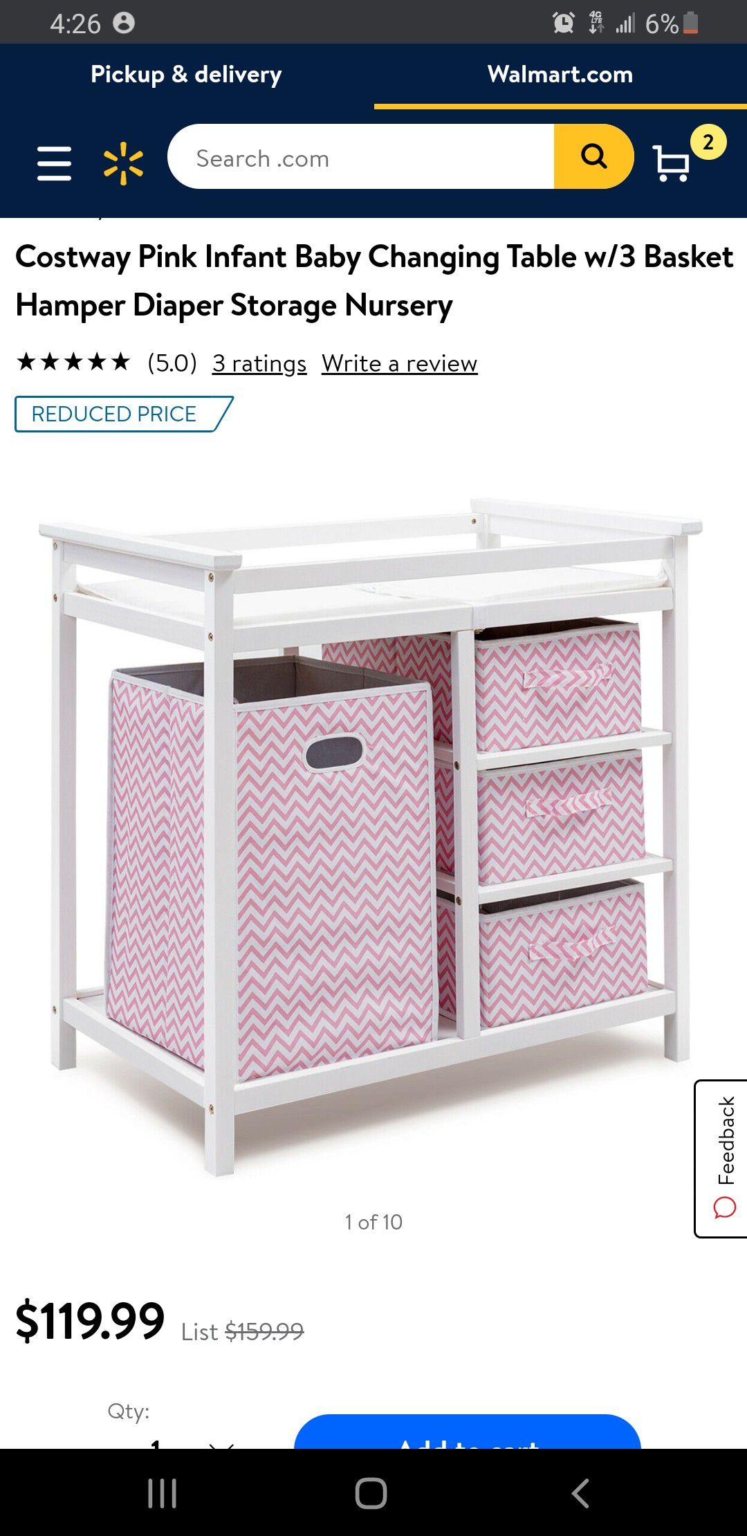 Pink Infant Baby Changing Table w/3 Basket Hamper Diaper Storage Nursery