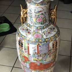 Large 25” Rose Famille Chinese Gold Floor Vase