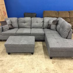 Gray Sectional Sofa Couch With Free Ottoman, Chaise And 2 Pillows 