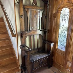 Antique-Style Solid Wood Hall Tree w/ Mirror, Hooks & Storage Bench