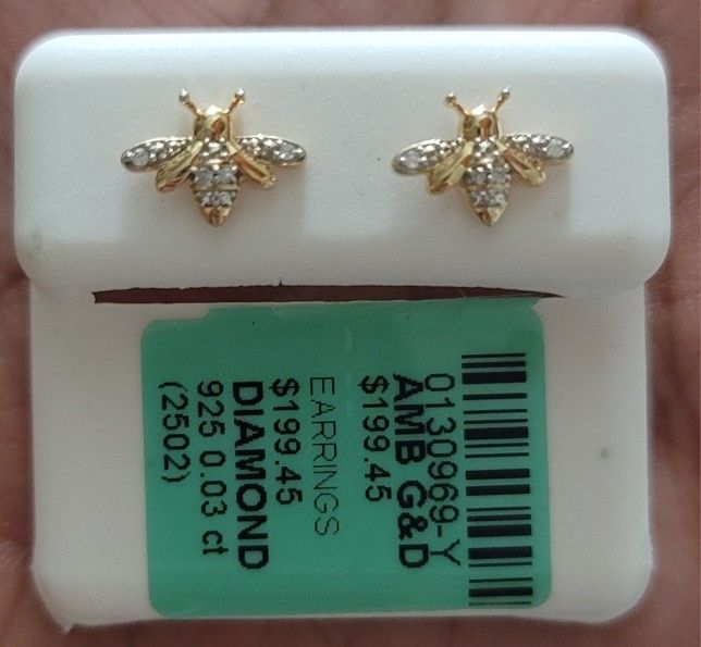 925 Yellow Sterling Sliver Honey Bee Stud Earrings with Diamond