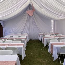 Backdrops——tables——chairs——draping——-tablecloth——-
