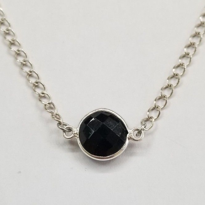 Silver Necklace With Black Faceted Stone 