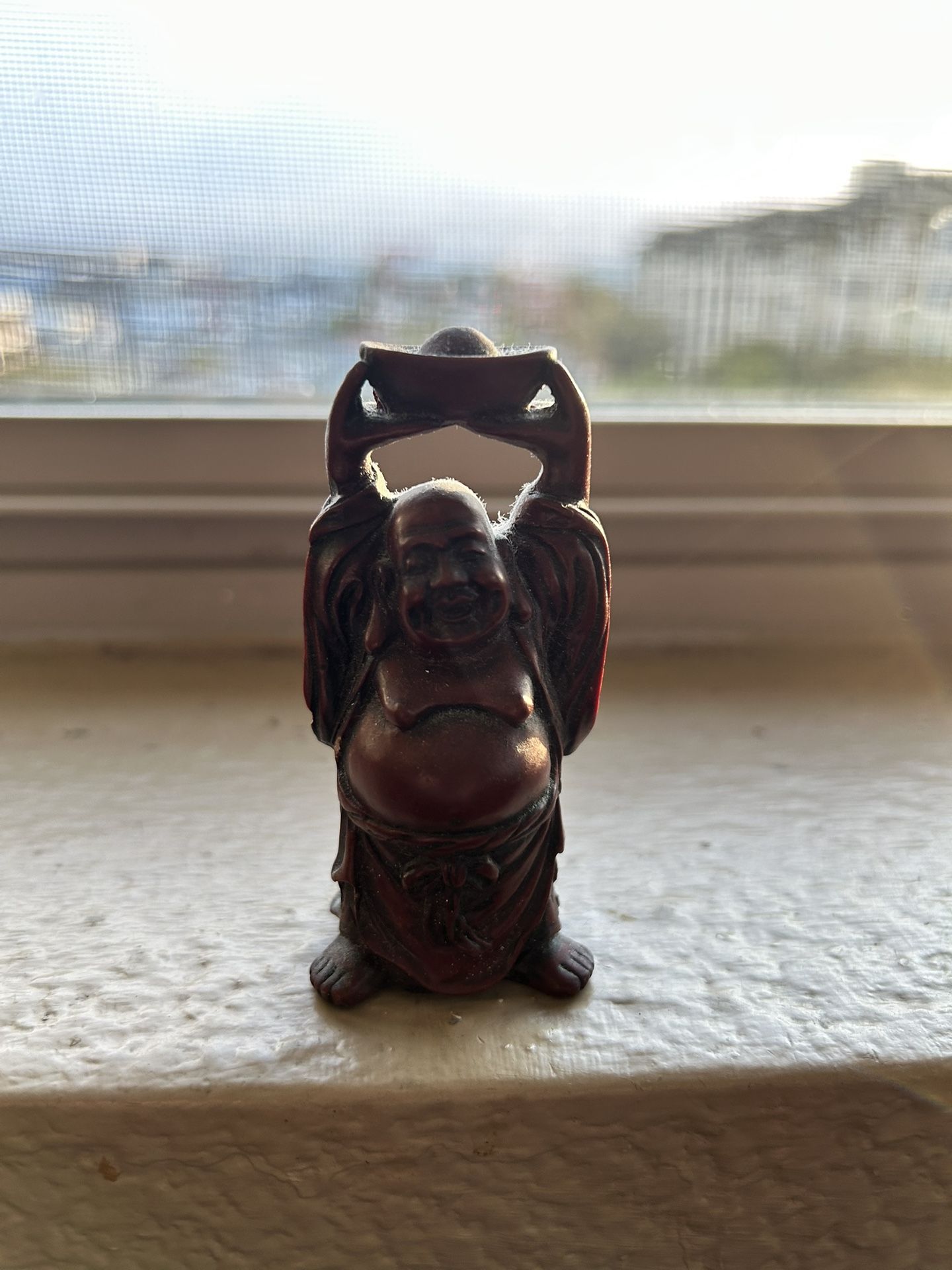 Hotei with Pearl Bag Red Resin Statue Feng Shui Collectible 2 3/4"