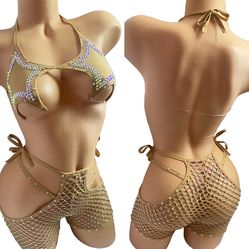 Rhinestone Fishnet Short Set Costume