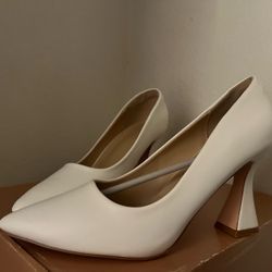 White Pointed-Toe Block Heel Pumps