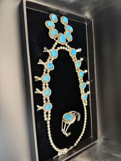 Navajo Sterling Squash Blossom Turquoise Necklace And Bracelet  